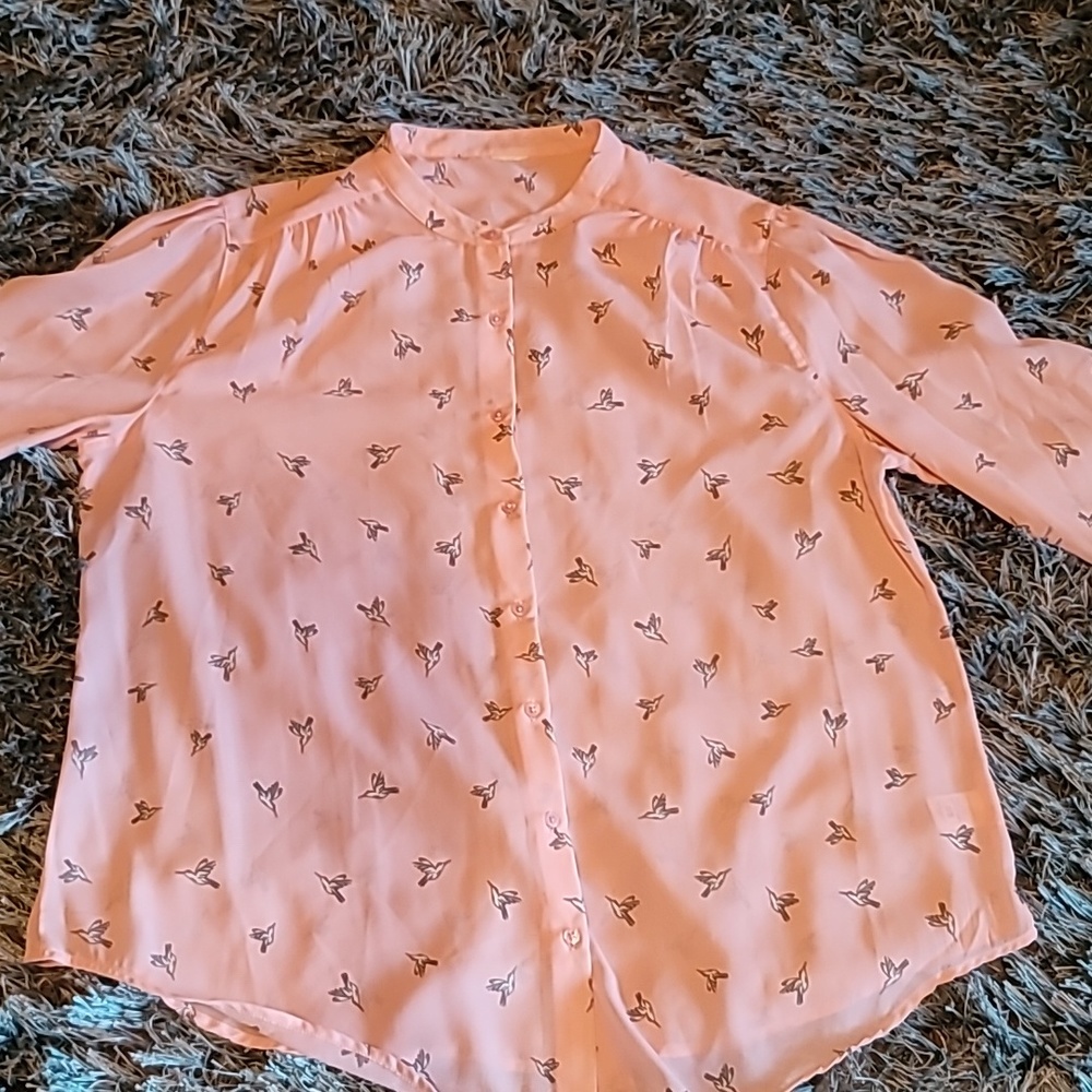 Ladies pink blouse with grey birds, size 16-18